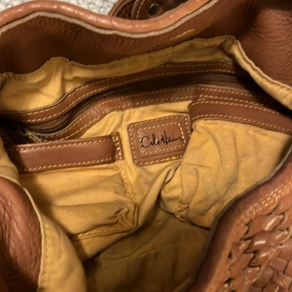 Cole Haan Tan Cognac Brown Neutral Woven Leather Hobo Shoulder Bag Boho Bag